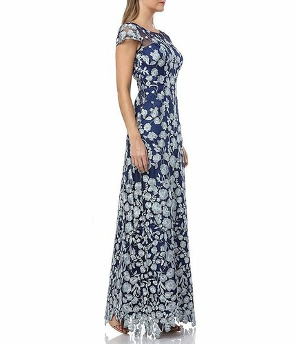 JS COLLECTIONS Navy Silver Mint Floral Embroidered Lace Mesh Maxi Gown 16 = XL - Picture 3 of 4
