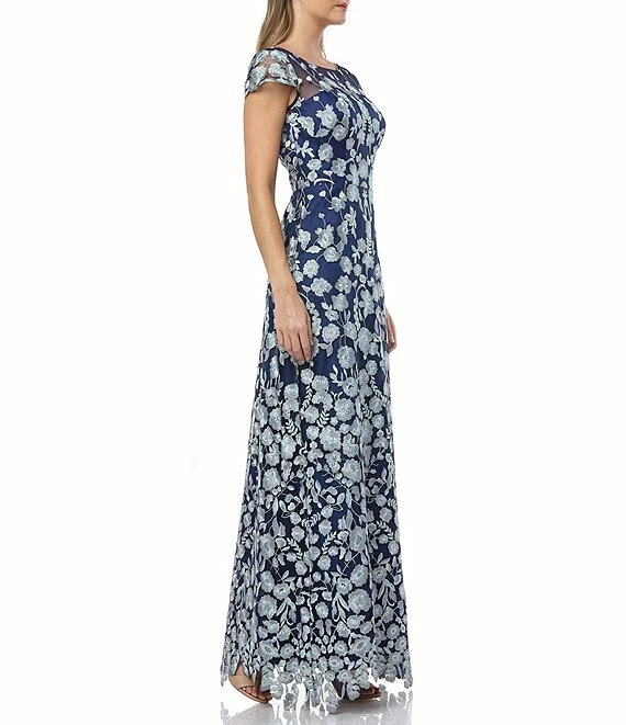 JS COLLECTIONS Navy Silver Mint Floral Embroidered Lace Mesh Maxi Gown 16 = XL - Image 3 of 4