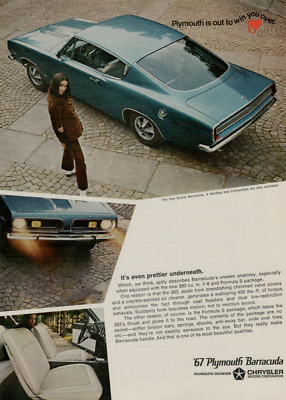 #ad 1967 Plymouth Sports Barracuda Formula S Package Blue 383 ci VINTAGE PRINT AD $10.99