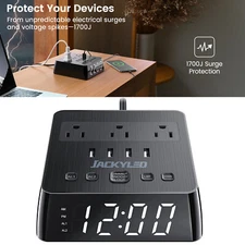 JACKYLED Alarm Clock with 4 USB Chargers Surge Protector Power Strip Outlets