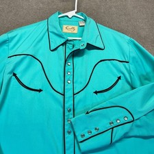 Scully Western Shirt Men's L Teal Black Piping Smile Pockets Pearl Snap Cowboy