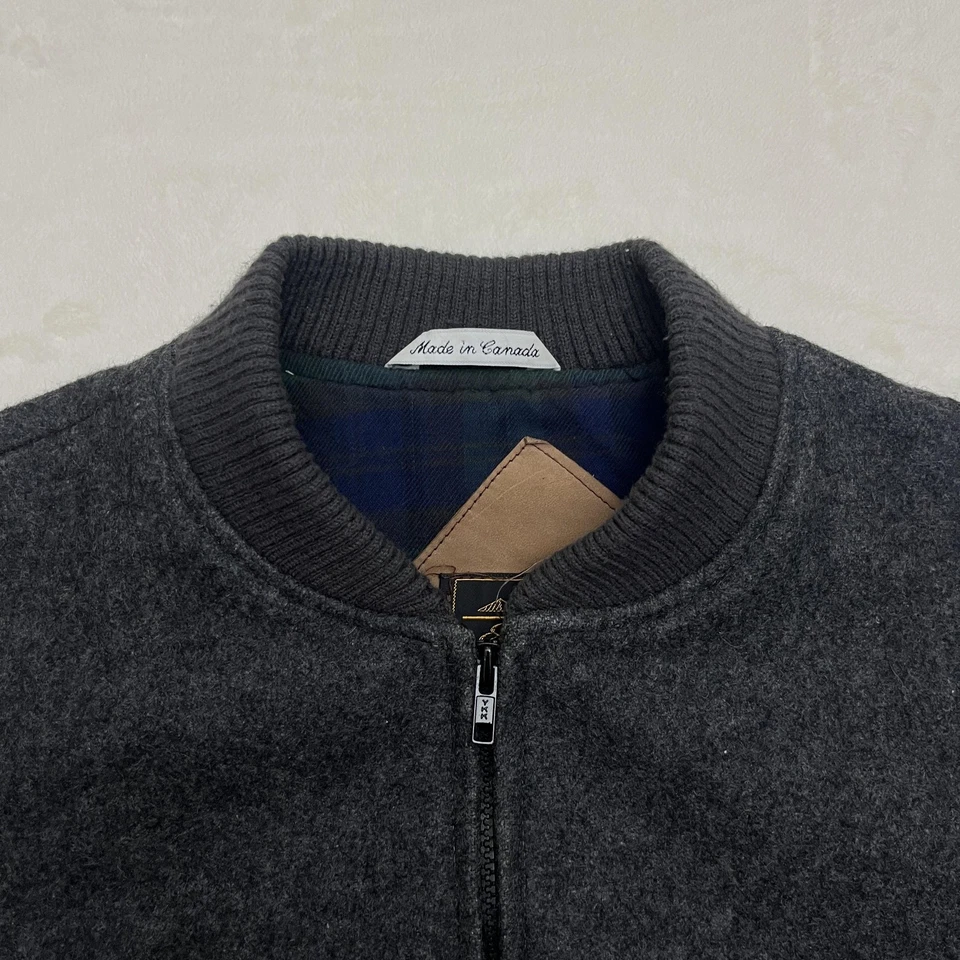 Chaqueta Eddie Bauer Para Hombre Gris Medio Lana Bombardero Hecha en Canadá Gamuza Parche Codo Foto 3 de 4