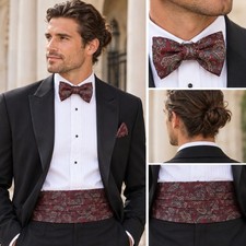 Vintage Robert Talbott Protocol Silk Paisley Bow Tie  Cummerbund Set   Burgundy