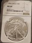 1986 American 1 oz Silver Eagle Coin - NGC MS69  .999 $1