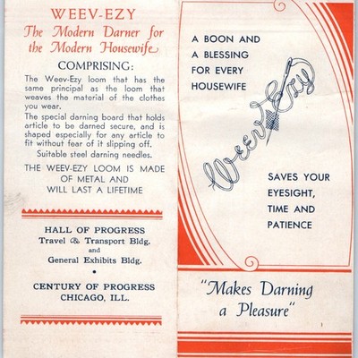 1933 Chicago Worlds Fair Weev-Ezy Modern Darner Loom Instruction Brochure
