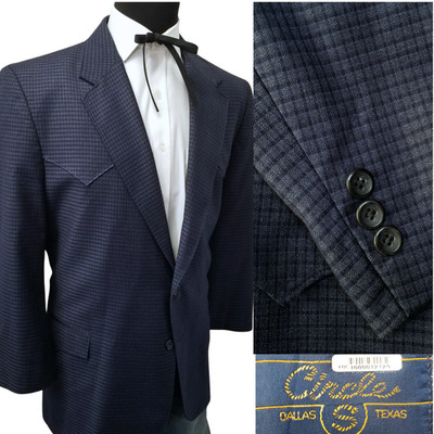 Circle S SHORT ARMS Blue Check Western Yoke Men Blazer 46R Sport Coat Jacket