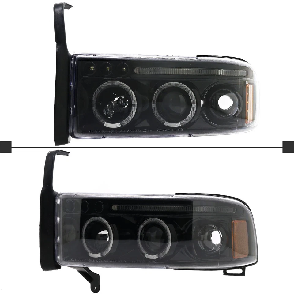 Jet Black Projector Headlights Fits 1994-2001 Dodge Ram 1500 2500 3500 LED Halo — 第 4/4 张图片