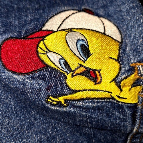 Vintage 90s Looney Tunes Tweety Bird Denim Overalls Size 6 Boys Bibs - Picture 8 of 9