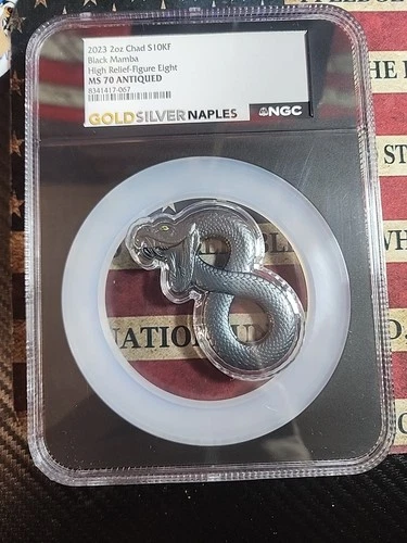 2023 Chad 10000 Francs Black Mamba 2 oz Silver - NGC MS70 ANTIQUED High Relief