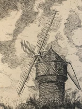 Très Beau Dessin Encre 1950 Lavis Paysage moulin Lauragais Hollande Pierre Art