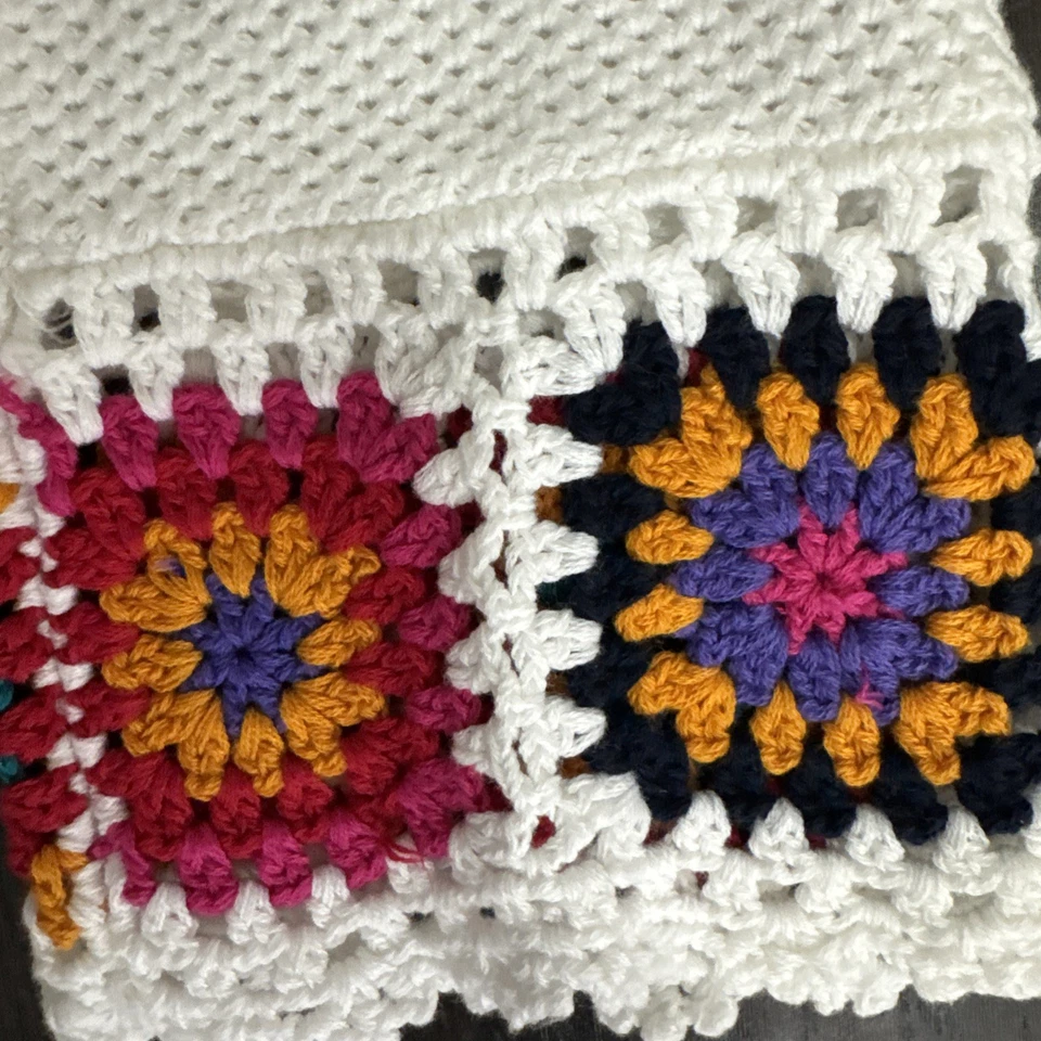 Suéter Joseph A. Crochet Abuelita Cuadrados Talla XXL Blanco Algodón Tejido Boho Hippy Foto 3 de 4