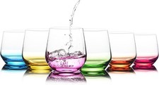 Stemless Wine Glasses Set of 6 - Hand Blown Colored Short Wine Tumblers - 15 oz