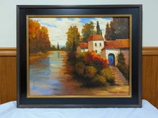 Framed original landscape with cottage acrylic painting on Canvas. 29in x 34in