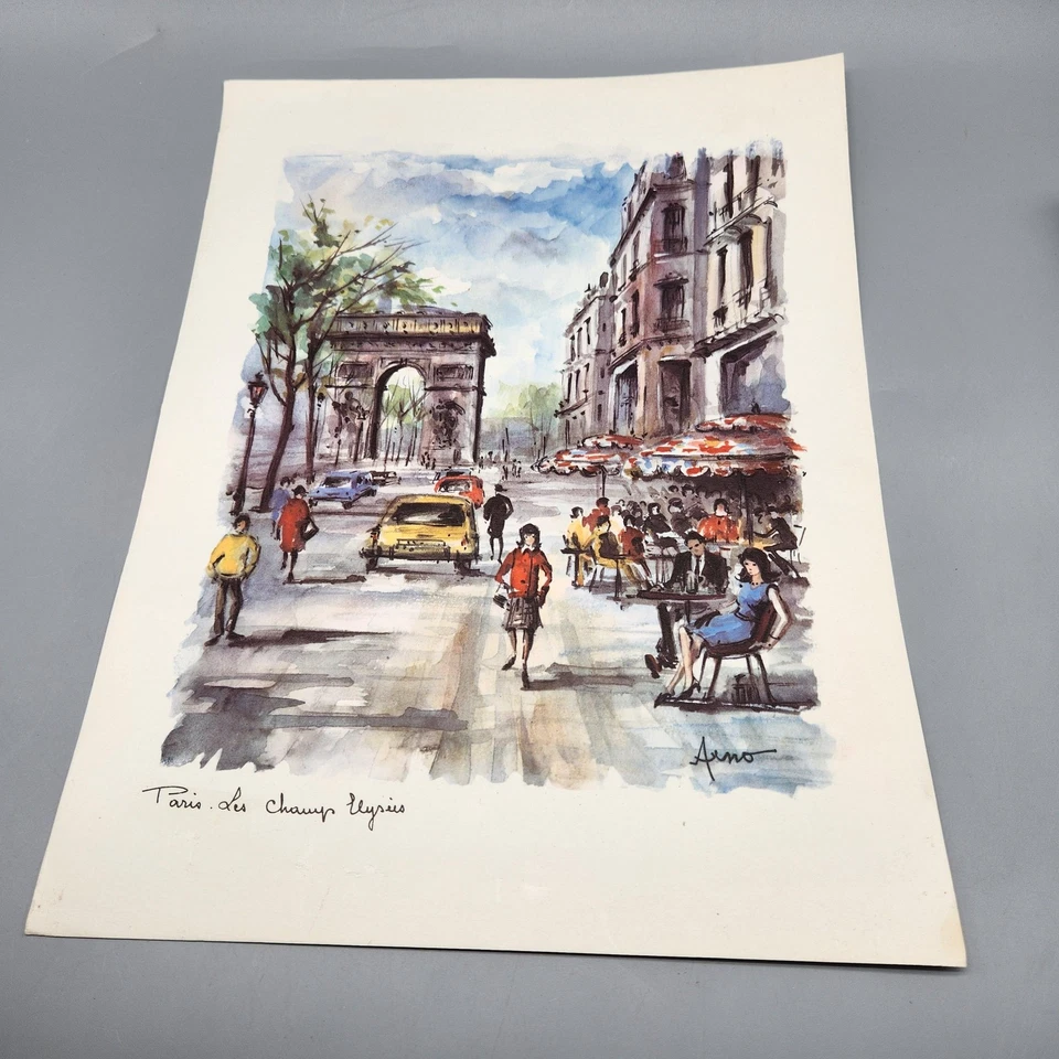 复古 Arno Paris Les Champs Elysees 水彩画 签名 法国街头场景 — 第 2/4 张图片