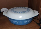 Vintage Pyrex Snowflake Pattern Oval Glass Casserole Dish with Lid