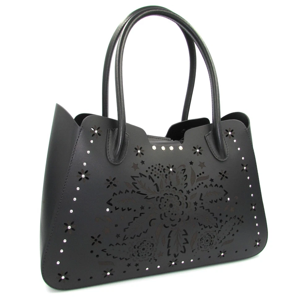 $364 Bolso de Mano CROMIA Hecho en Italia Cuero Negro con Tachuelas Flores Perforadas Foto 3 de 4