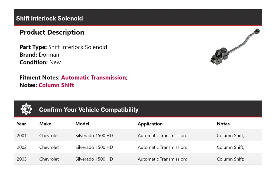 Solenoide de bloqueo de cambio Dorman 2002 para Chevrolet Silverado 1500 HD 2001-2003 Foto 2 de 4