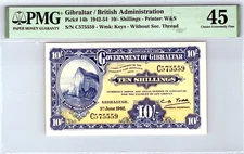 Gibraltar 10/- Shillings 1942 Pick# 14b PMG 45 Choice XF