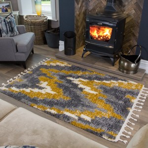 Détails Sur Vintage Moutarde Gris Jaune Ikat Marocain Poilu Tapis Vivant Pièce Chambre Salon