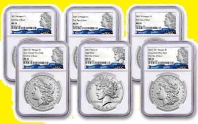 2021 Morgan & Peace 100th Anniversary 6 Coin Set NGC MS 70 First