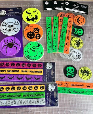Halloween Sticker & Bracelet LOT Reflective & Glow Bats Pumpkin Ghost Skeleton