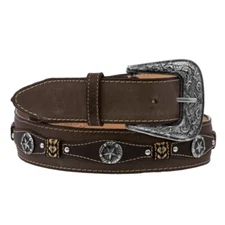 Concho Western Belt Cowboy Genuine Leather Studs Silver Buckle Soft Brown Cinto