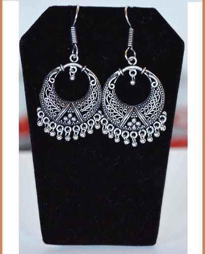 Silver Metal Round Hoop Dangle Earrings hook backings Handmade Jewelry India - Picture 3 of 4