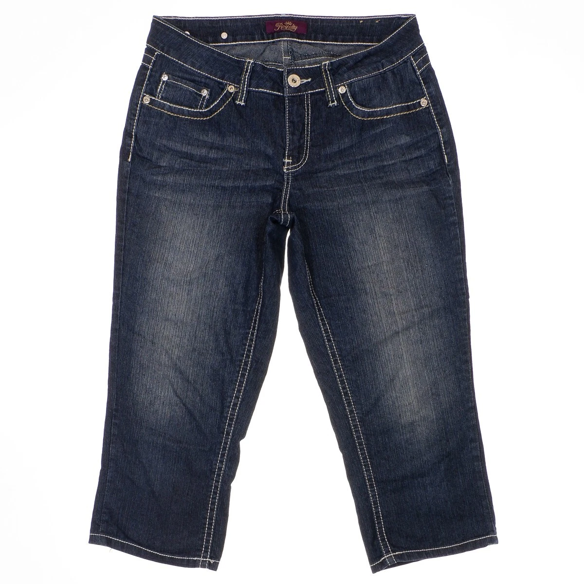 royalty cropped capri jeans womens 6 mid rise flap dark blue denim