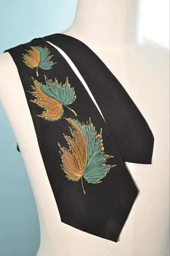 Vintage 40s/50s Black Hand Painted Necktie, MCM Le