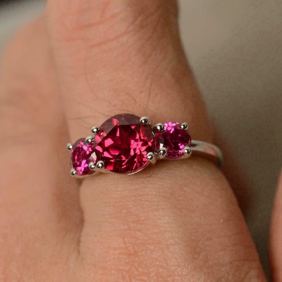 Lab Created Round Cut Red Ruby Three Stone Style Womens Engagement Handmade Ring - Image 3 of 4