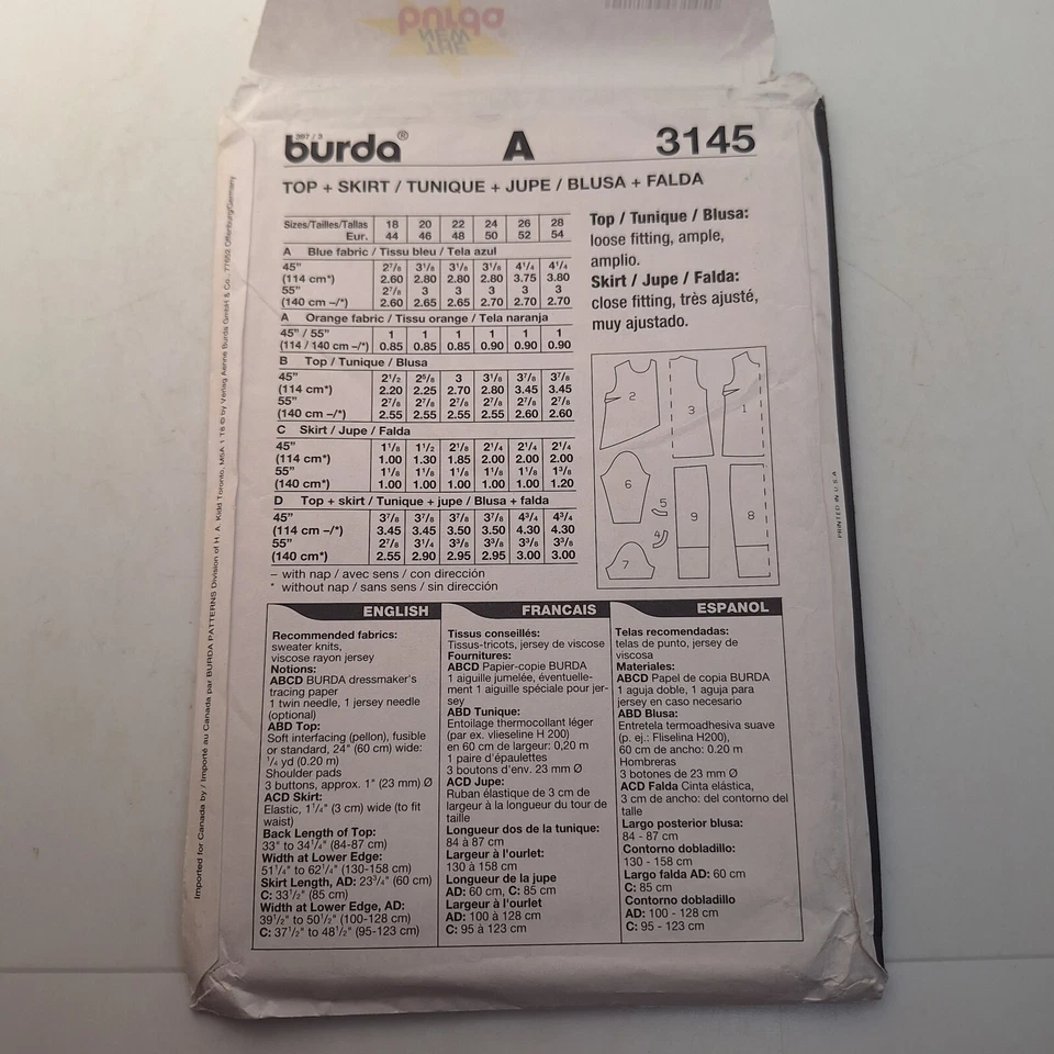 Burda 3145 A Symmetric Top T Shirt Straight Skirt Ladies Sz 18-28 Pattern UC FF - Image 4 of 4