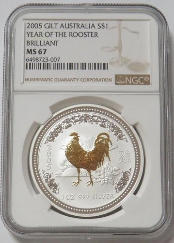 2005 SILVER AUSTRALIA 1 OZ GILT $1 YEAR OF ROOSTER LUNAR COIN NGC MS 67
