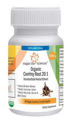 MAPLE LIFESCIENCES ORGANIC Comfrey Root 20:1 Extract Capsules Shikonin, Allantoin Rosmaric Acid