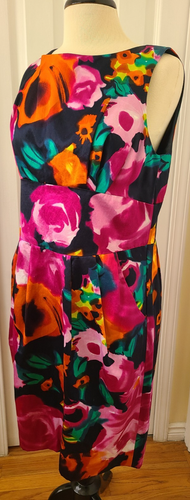 ST. JOHN Sleeveless Watercolor SATIN MIDI DRESS Size 12 Pink Black Silk Liner - Picture 13 of 15