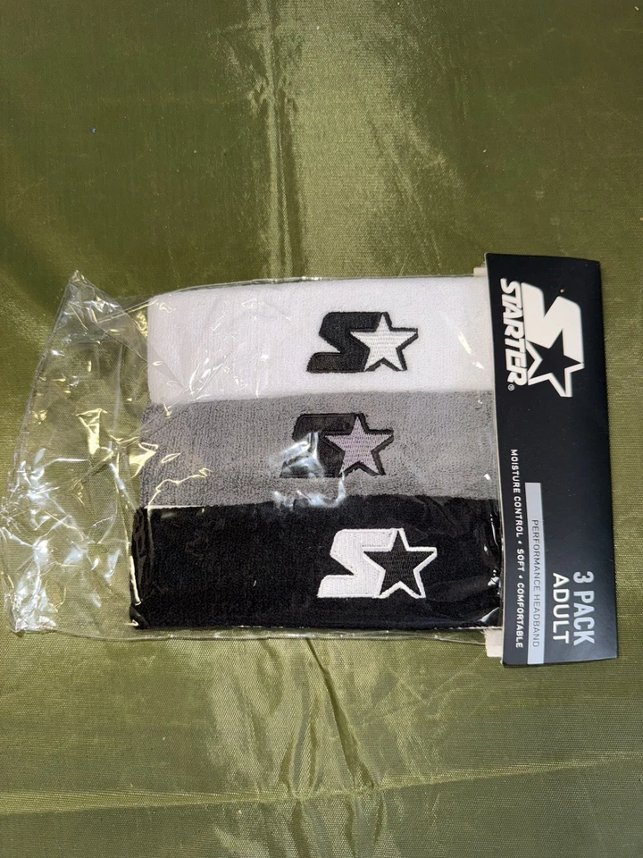 3-PACK OF STARTER HEADBAND SWEATBAND NEW BLACK WHITE AND GRAY NOS - Image 2 of 4