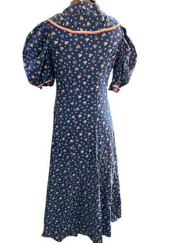 Antique Floral Indigo Print Duster Dress Jacket Dressing Gown House Coat Vtg - Picture 2 of 18