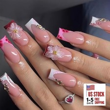 French Tip Press on Nails Medium Square Fake Nails with Rhinestones Designs