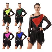 Womens Dancewear Asymmetrical Bodysuit Crotch Dress Shiny Tiered Contemporary