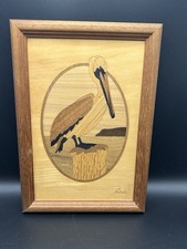 Hudson River Wooden Inlay Marquetry Framed Pelican 10  X 7" signed Nelson