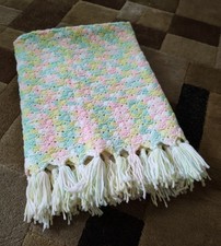 New - Handmade Crochet Girl Baby Blanket-Pink, Green, Yellow, White Fringed