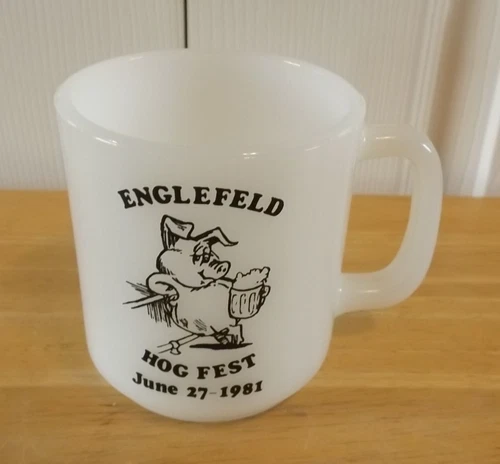 Vintage 1981 Glasbake Milk Glass Coffee Mug Englefield Hog Fest