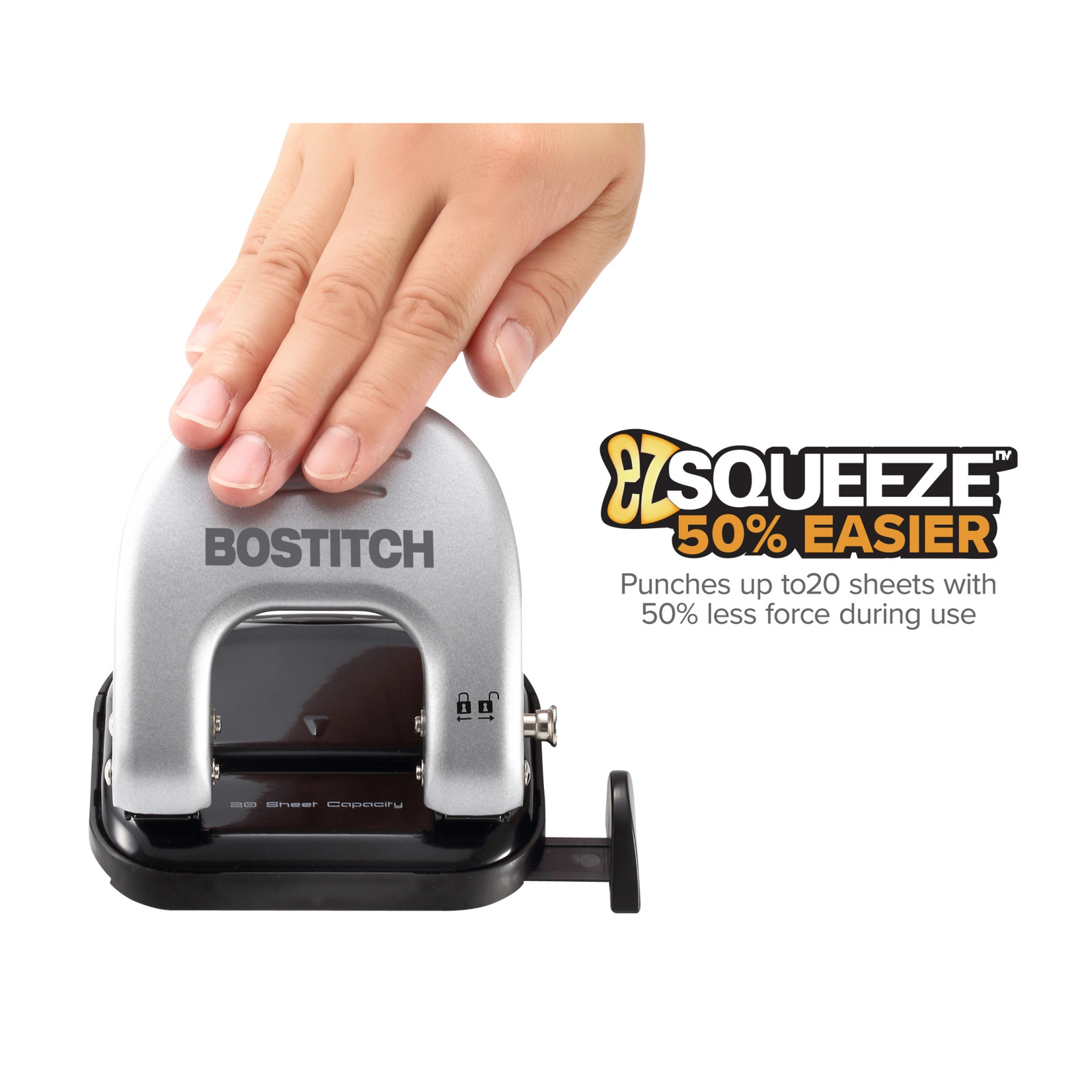 Bostitch EZ Squeeze Two-Hole Punch, 20 Sheet Capacity, Black/Gray