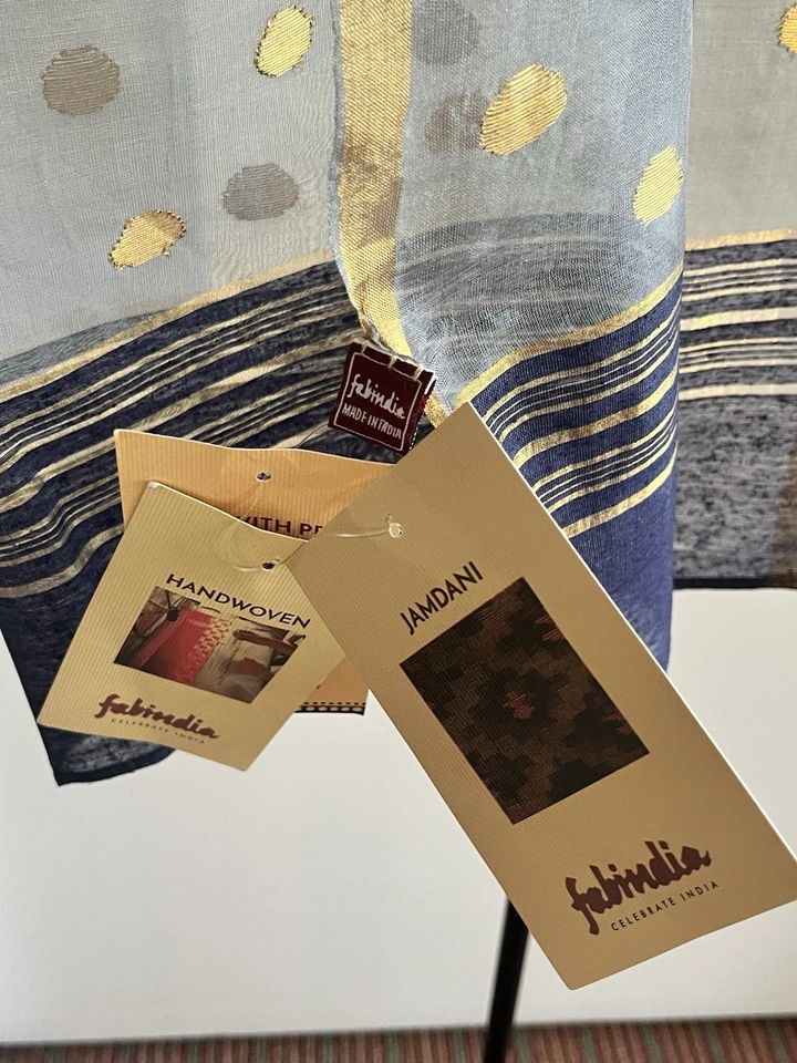 Fabindia NWT silk blend Jamdani scarf stole blue gray & gold zari polka dots 92" - Image 3 of 4
