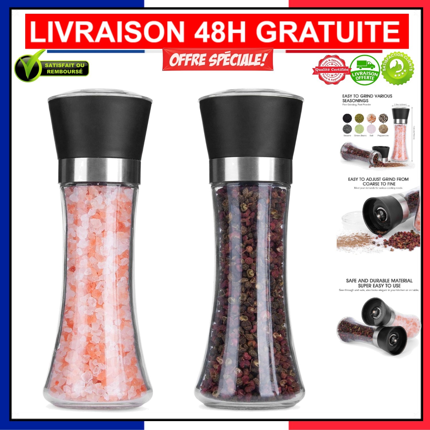 Moulins à sel et poivre en verre avec broyeur céramique réglable