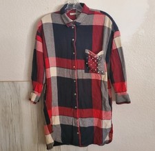 Zara Basics Cotton Red Black Plaid Shirtdress Tunic Pockets Studded Size S