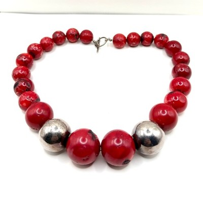 Vintage 90er massive echte rote Koralle klobig Silber Knebel Statement Halskette