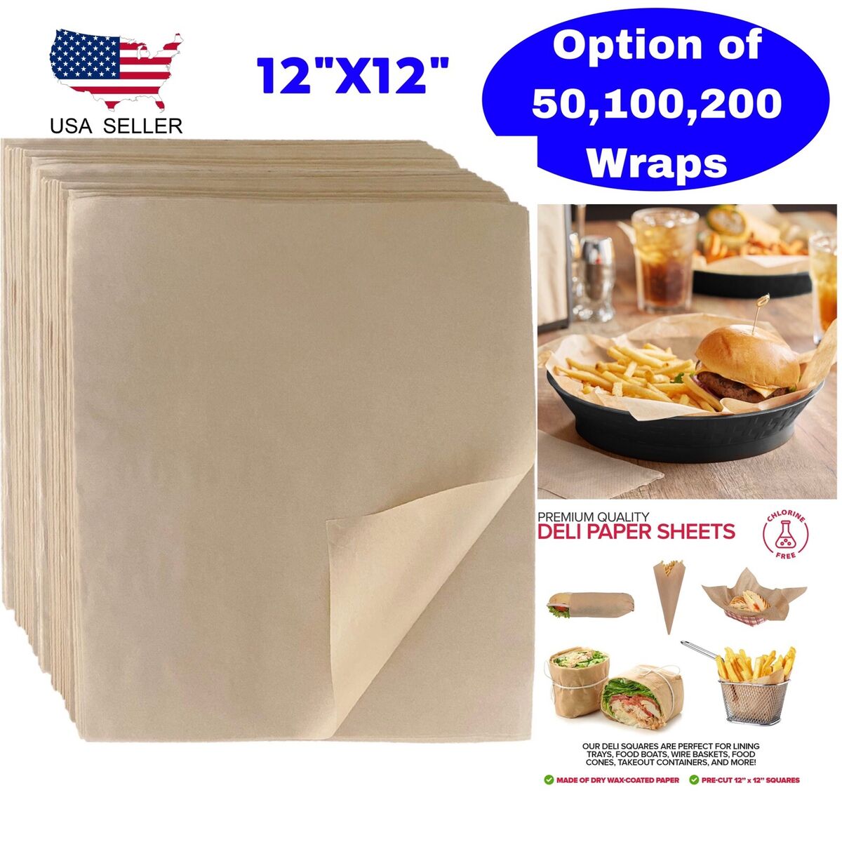 Brown Deli Wrap Wax Coated Sandwich Wrap Paper Sheets Basket Liner 12x12