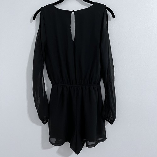 Material Girl Black Short Romper Size XS Sheer Long Sleeve Cold Shoulder Party - Picture 2 of 9