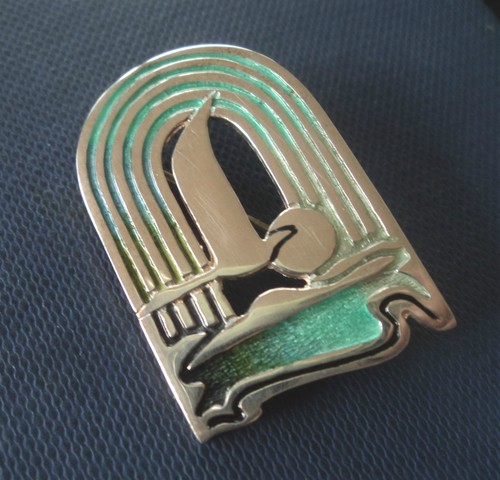 Silver Scottish Enamel Sea Bird Flying / Sun Brooch - Pat Cheney 1980s Art Deco - Picture 3 of 6