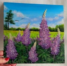 Original Acrylic Painting Landscape Wild Flowers Nature Wall Art 10 in x 10 in